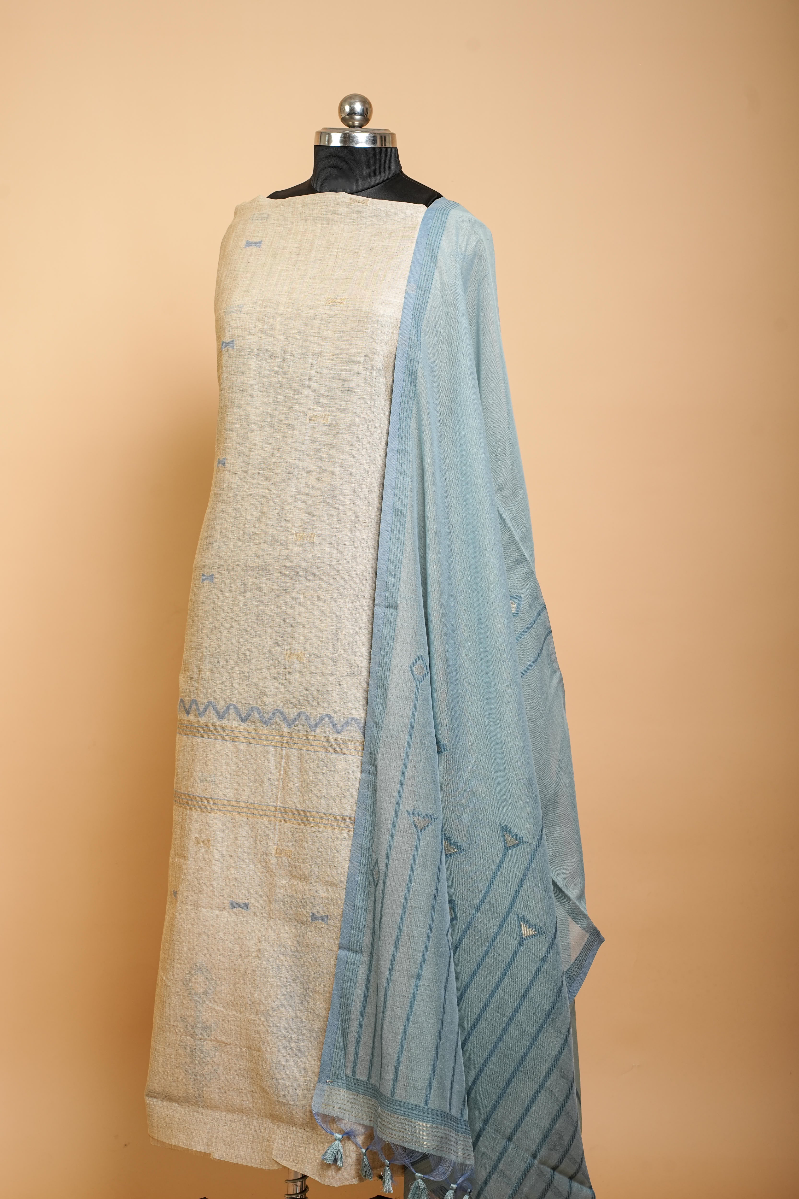 Linen Suit (2 Piece, Unstitched, Beige/Teal Blue)