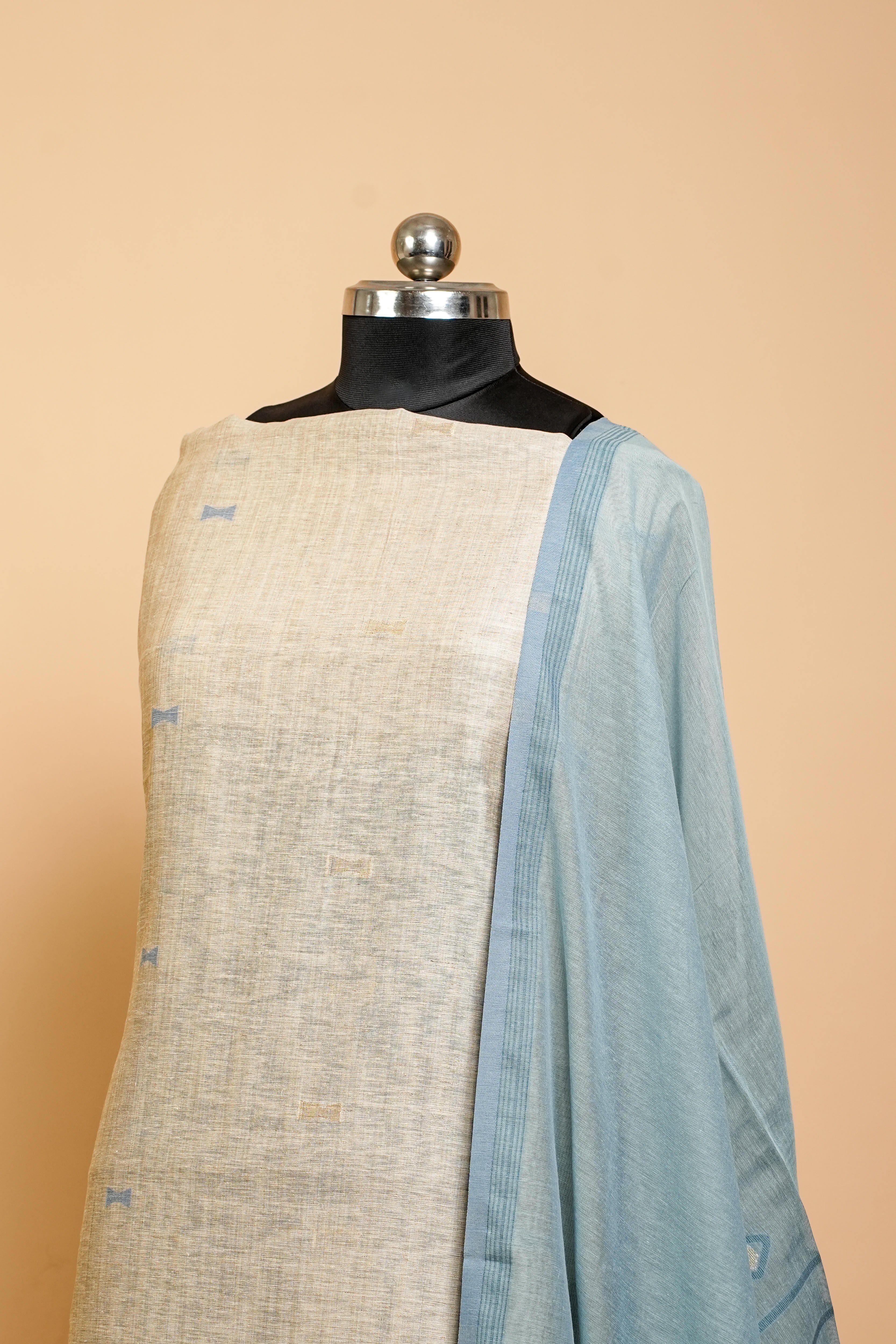 Linen Suit (2 Piece, Unstitched, Beige/Teal Blue)