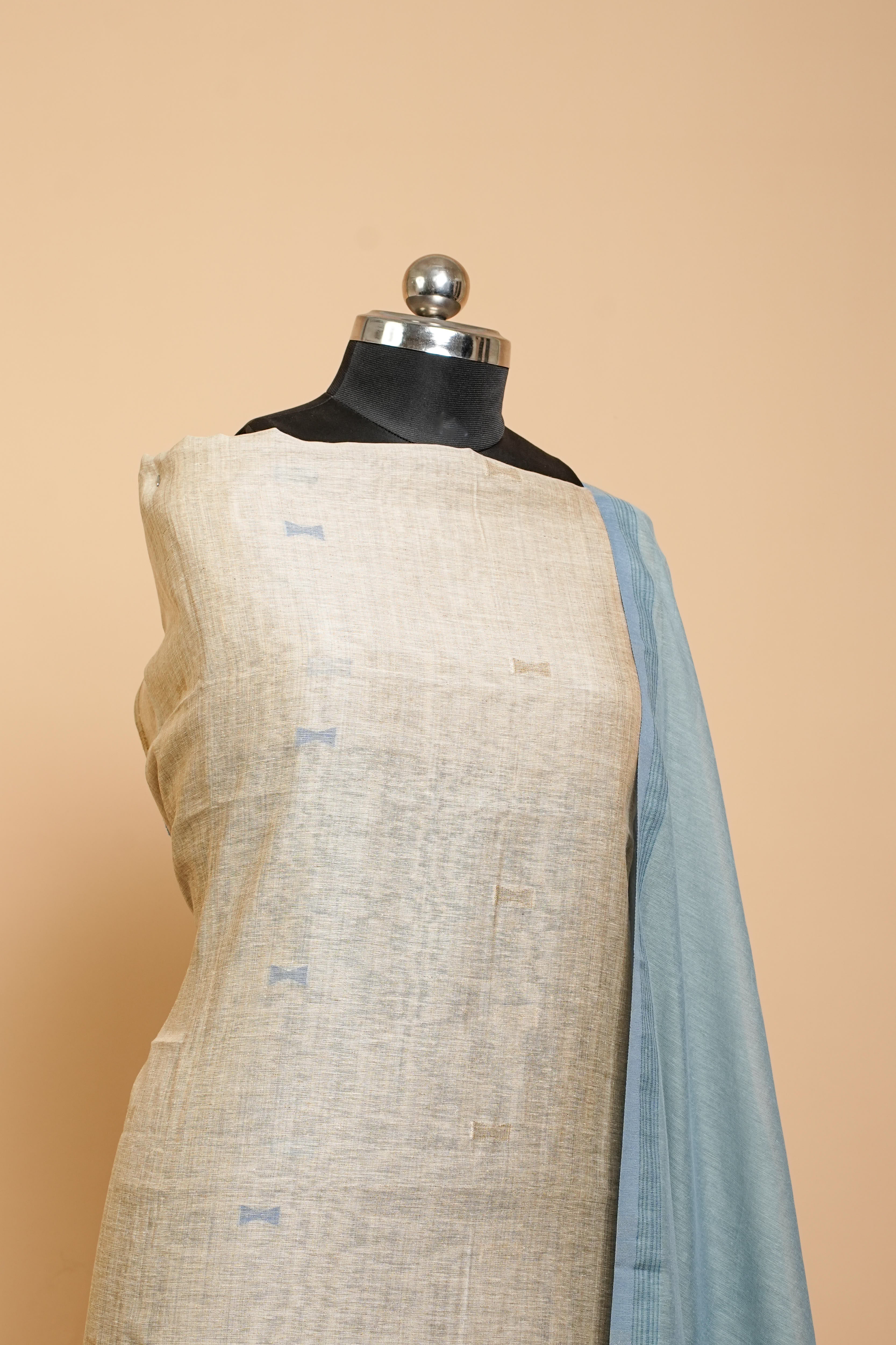 Linen Suit (2 Piece, Unstitched, Beige/Teal Blue)