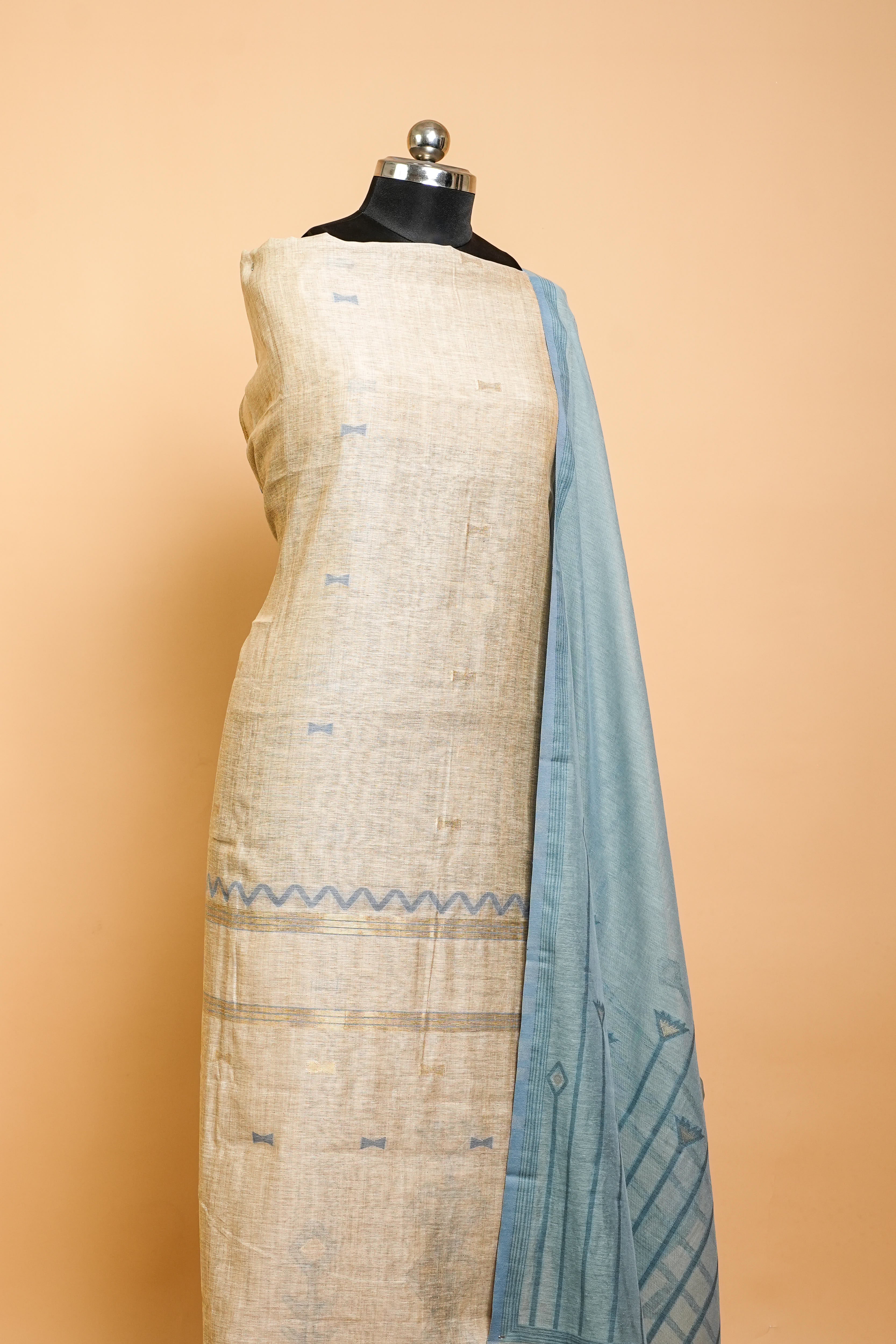 Linen Suit (2 Piece, Unstitched, Beige/Teal Blue)