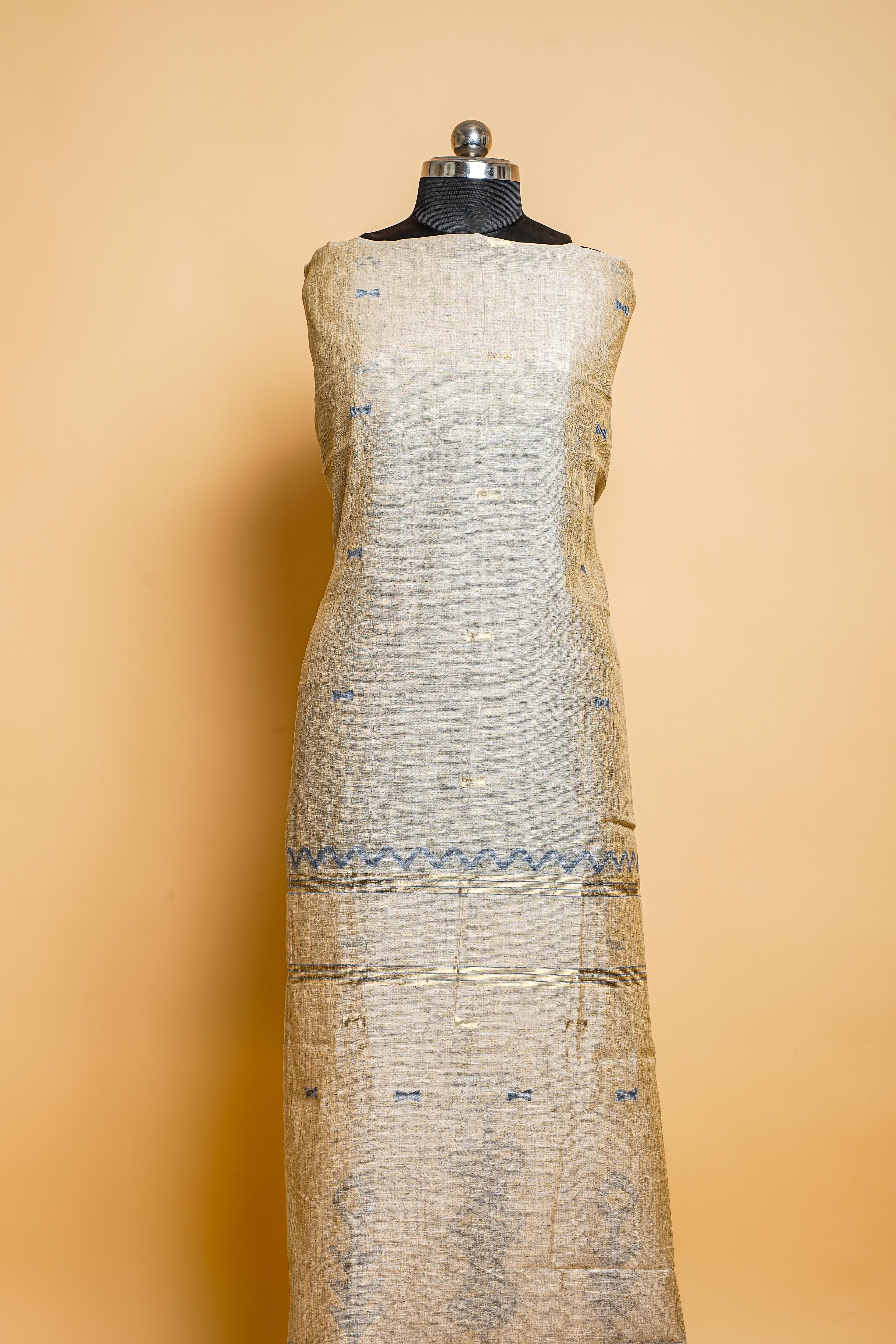 Linen Suit (2 Piece, Unstitched, Beige/Teal Blue)