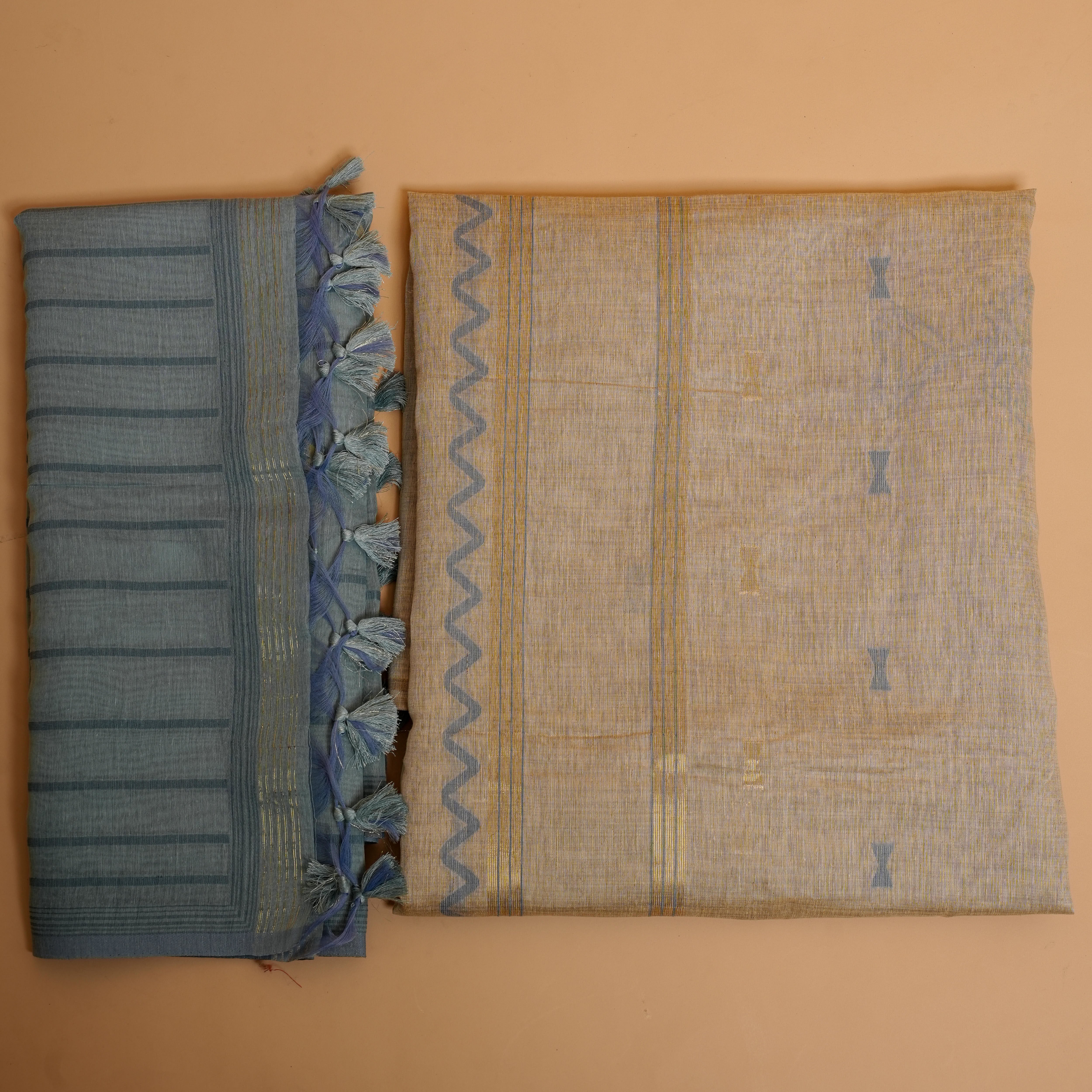 Linen Suit (2 Piece, Unstitched, Beige/Teal Blue)