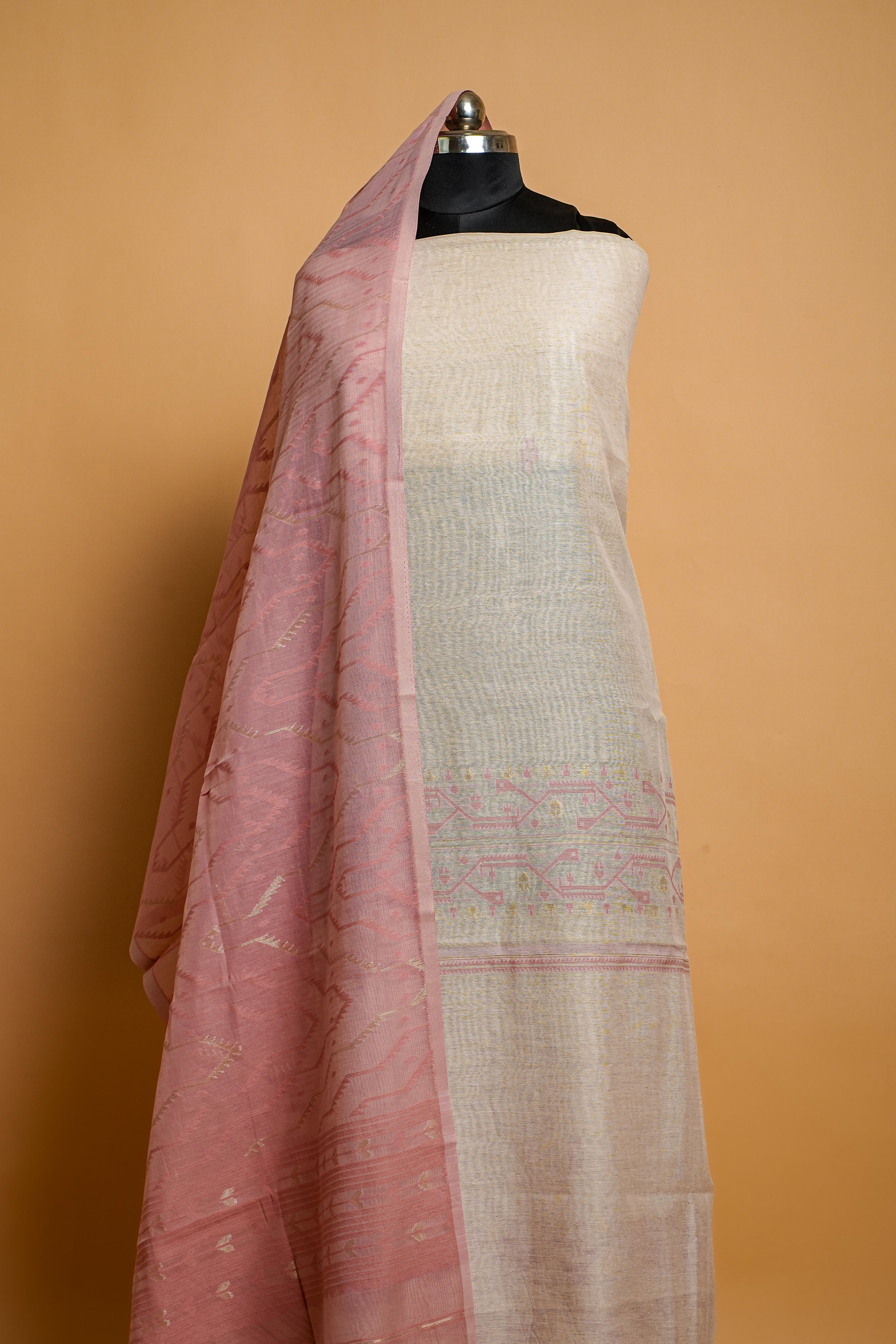 Linen Suit (2 Piece, Unstitched, Off-White/Pink)