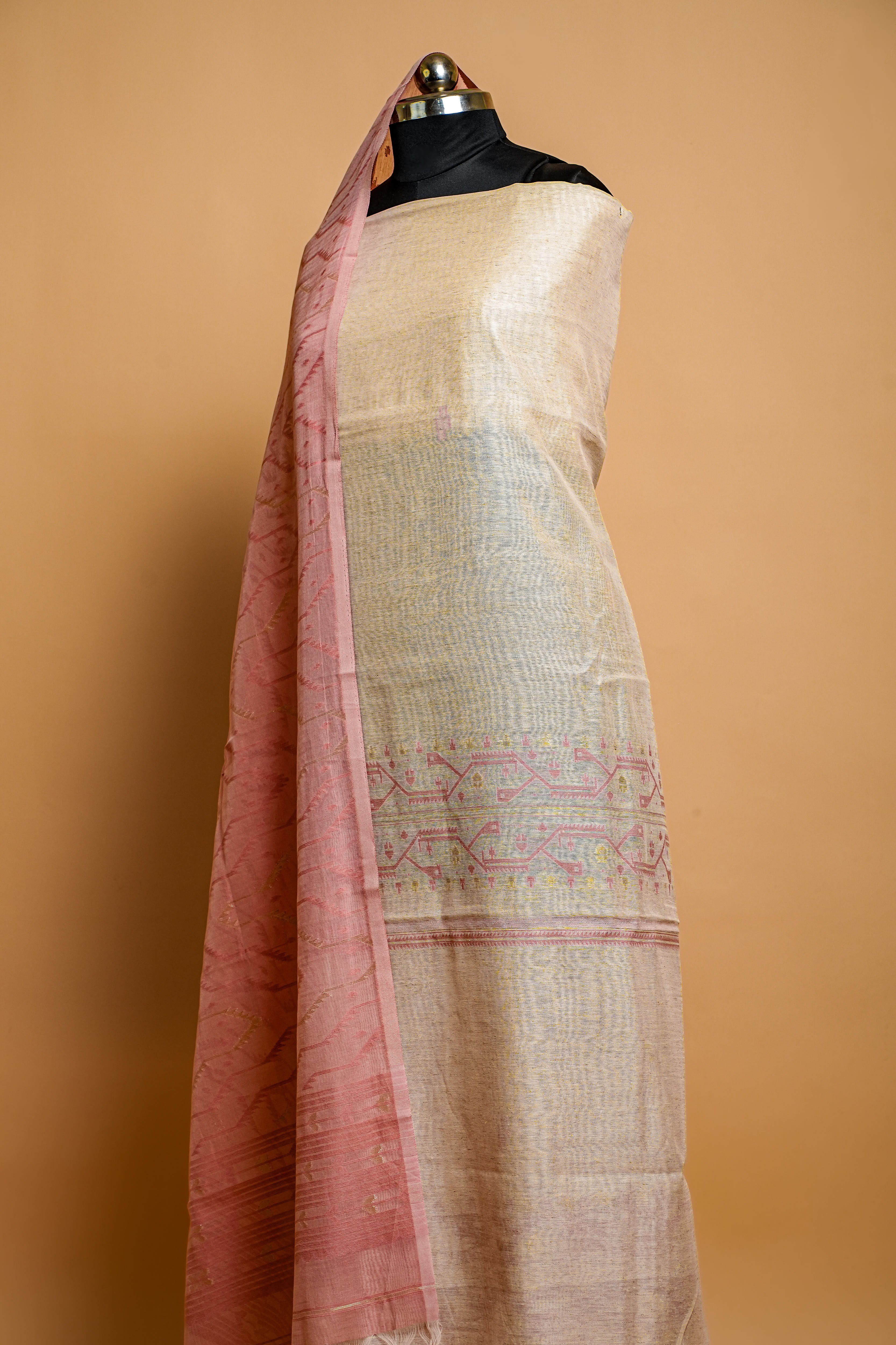 Linen Suit (2 Piece, Unstitched, Off-White/Pink)