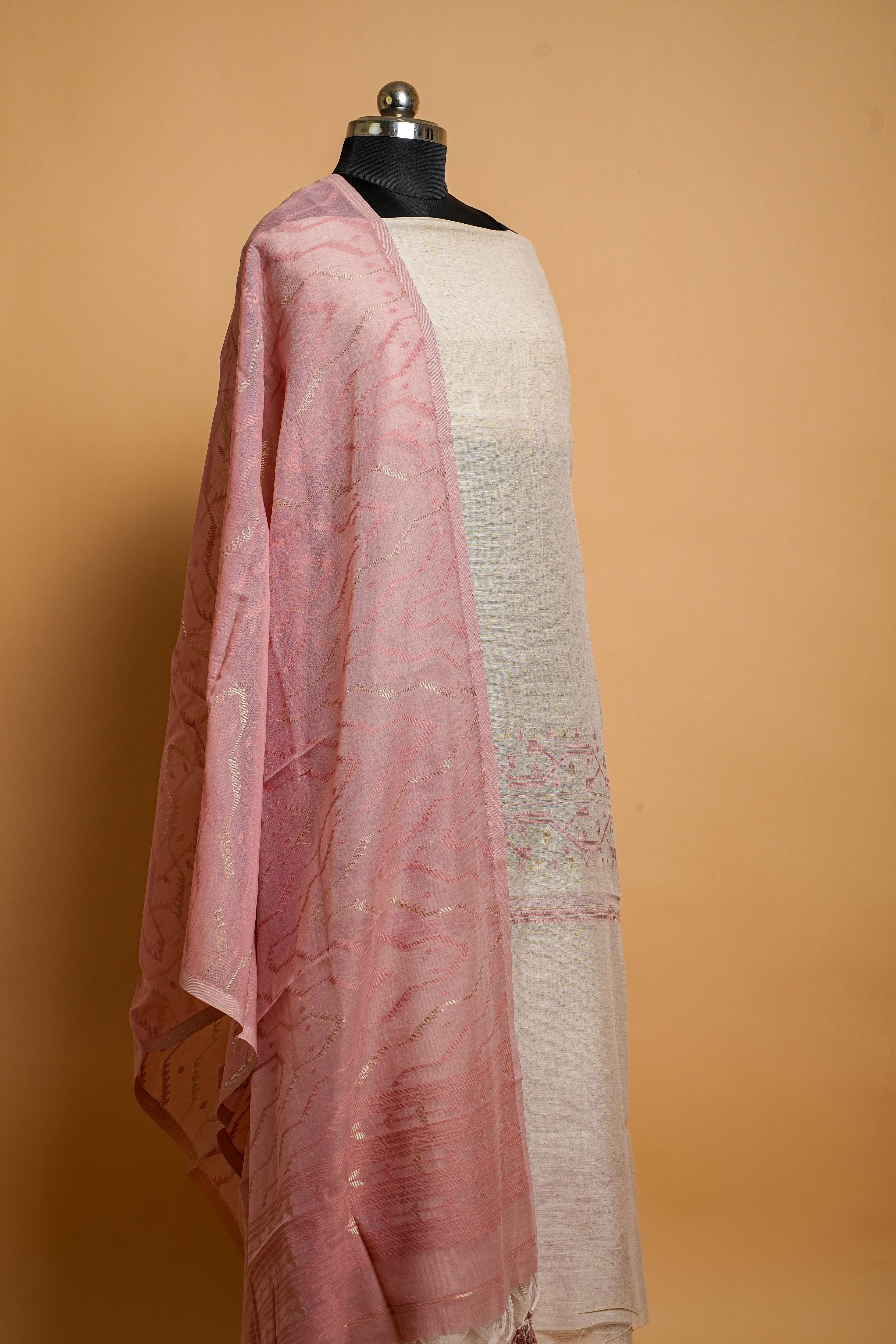 Linen Suit (2 Piece, Unstitched, Off-White/Pink)