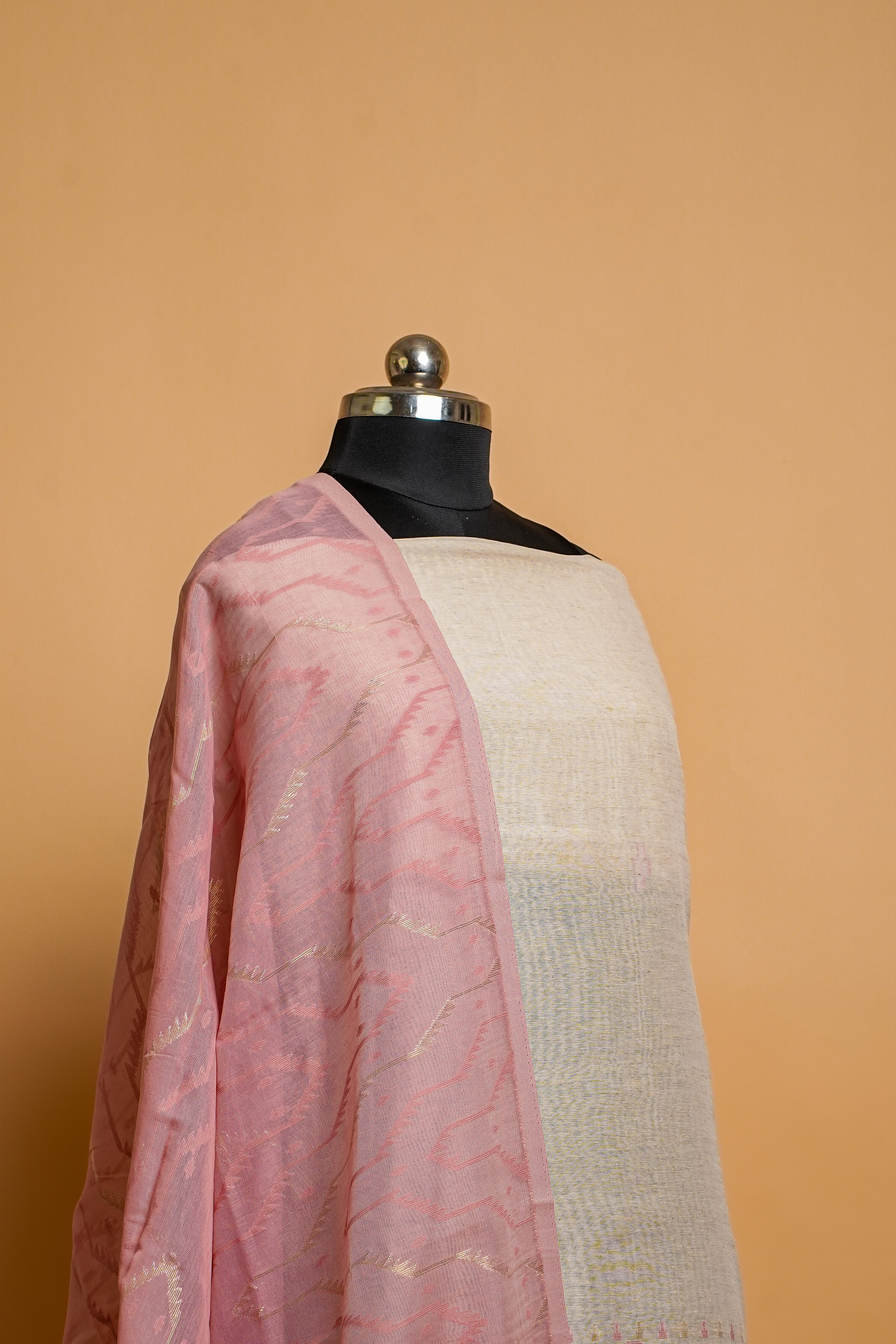 Linen Suit (2 Piece, Unstitched, Off-White/Pink)