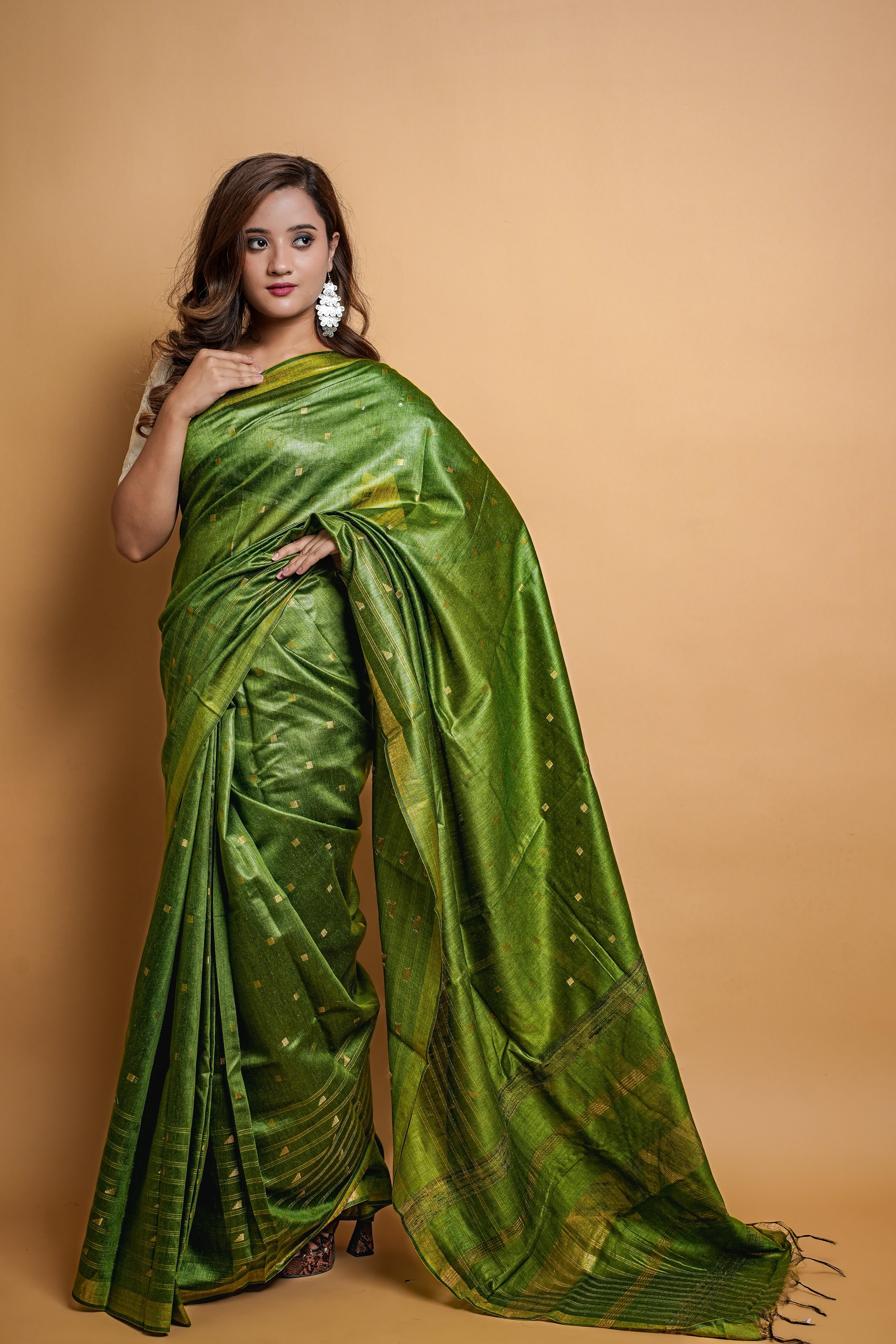 Bengali Handloom Tussar Silk Saree (Green)