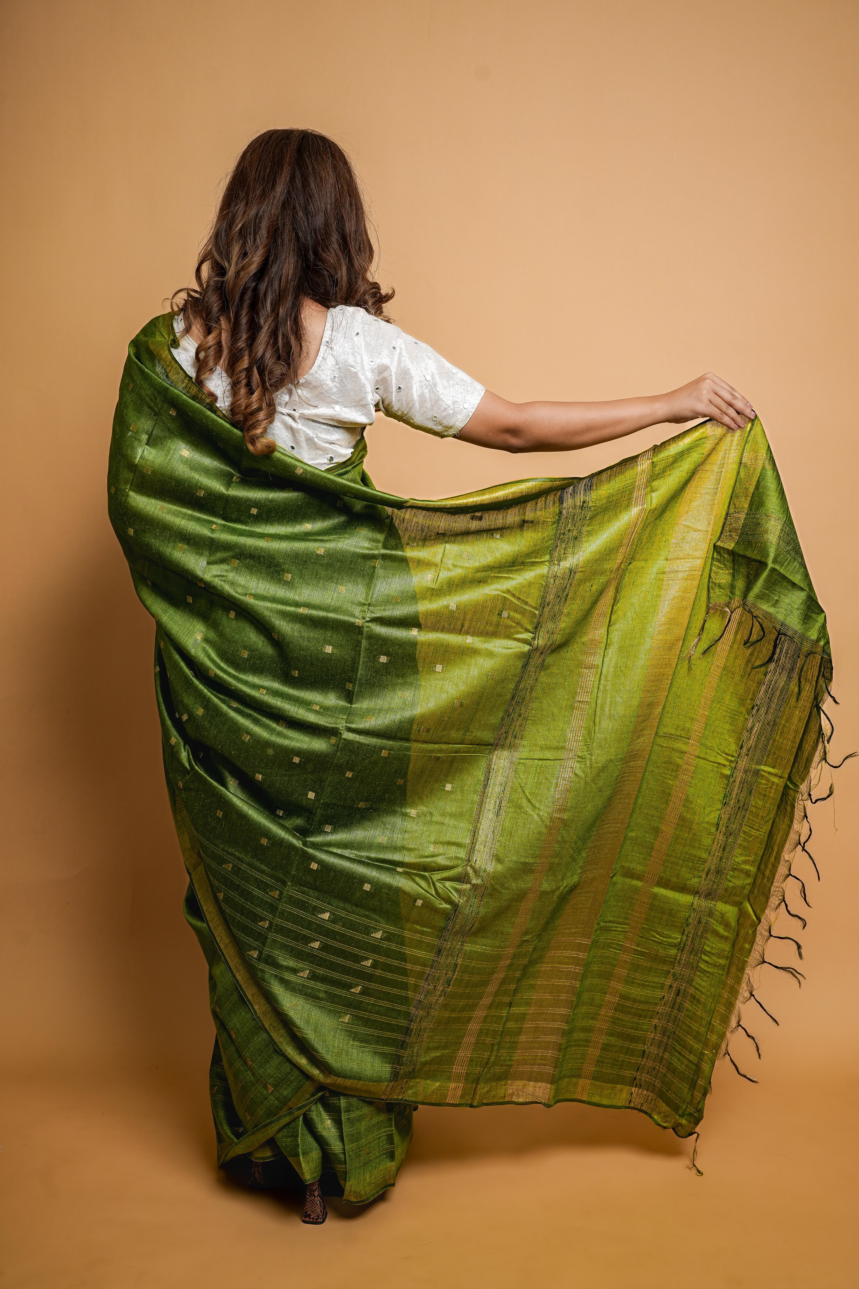 Bengali Handloom Tussar Silk Saree (Green)