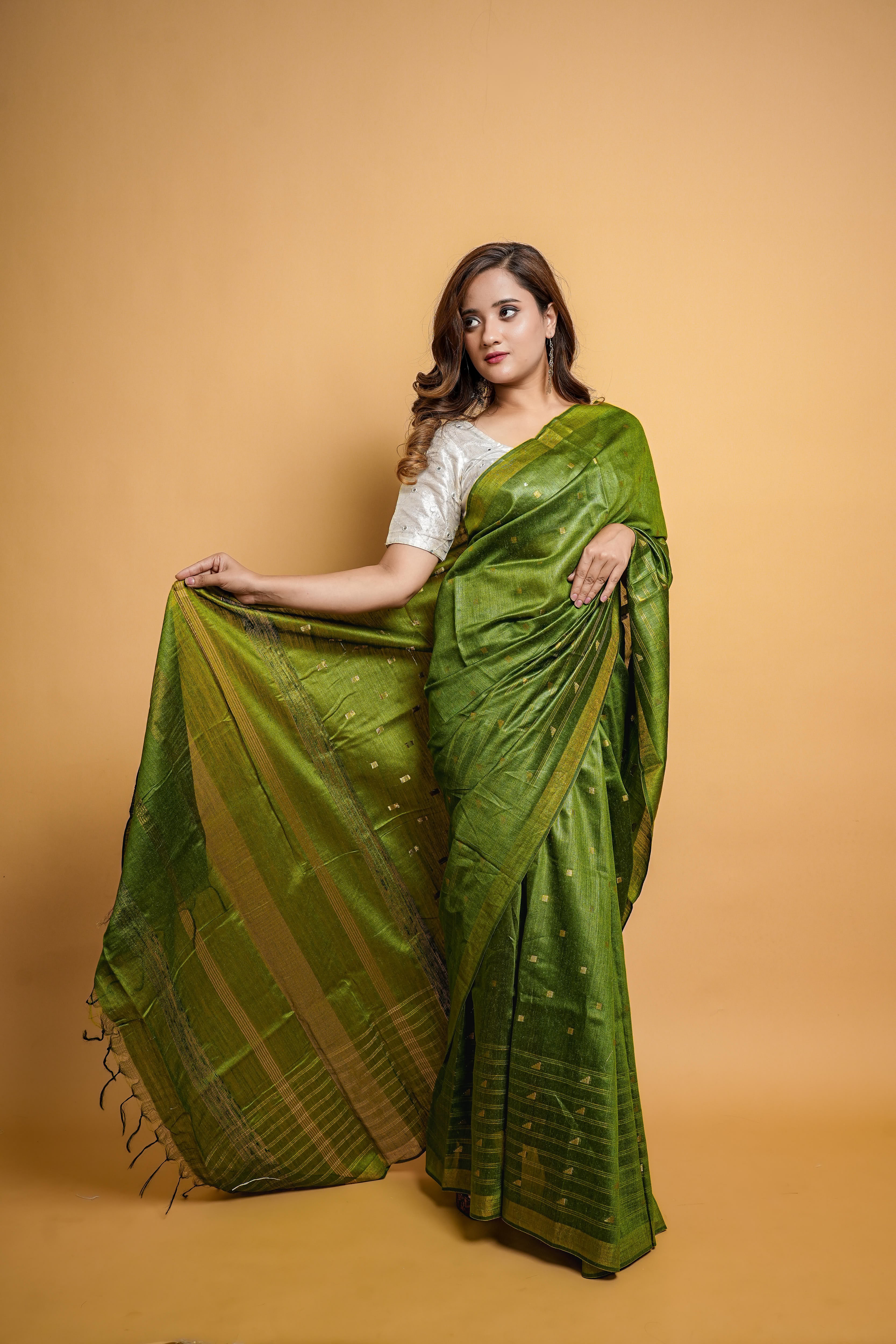 Bengali Handloom Tussar Silk Saree (Green)