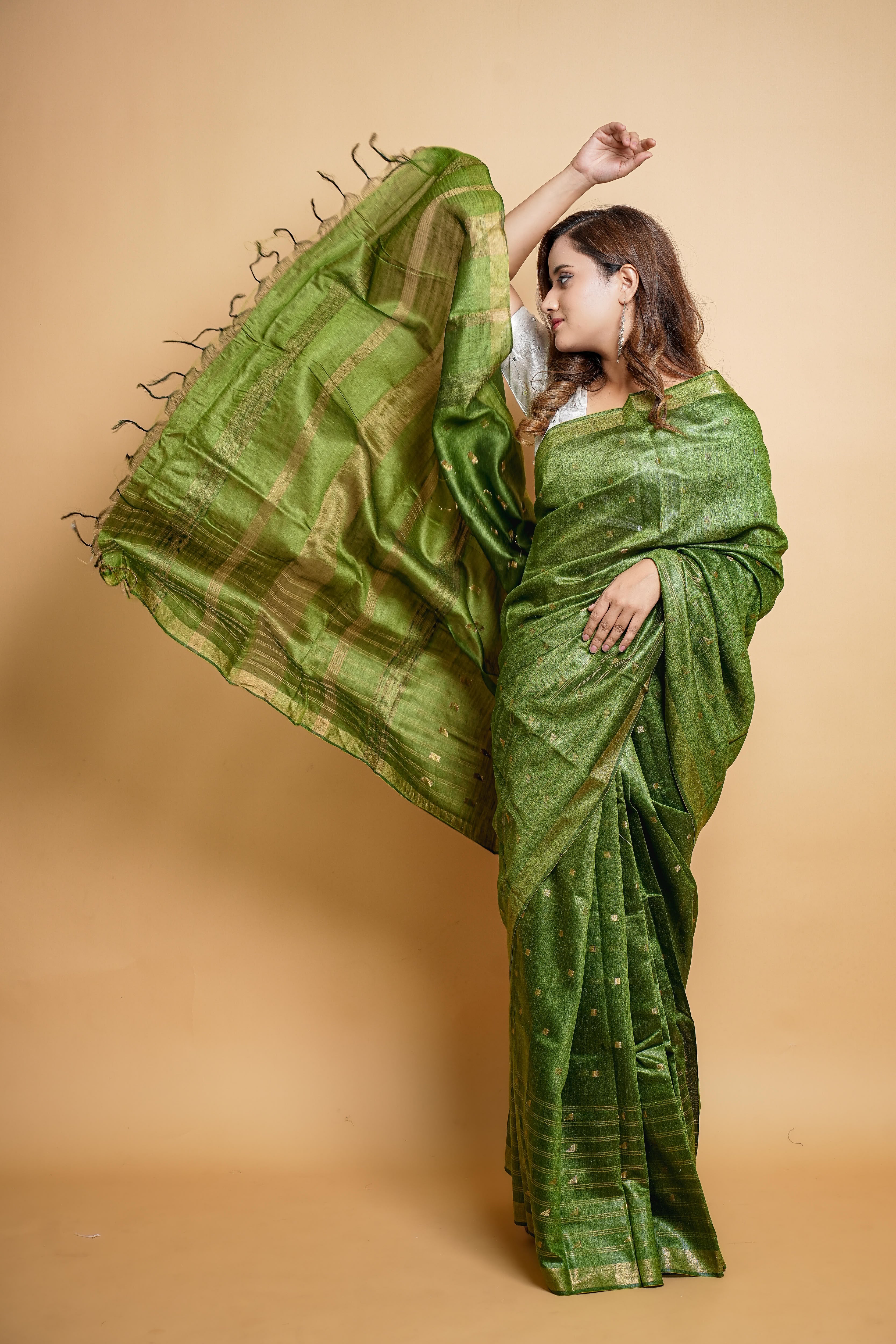 Bengali Handloom Tussar Silk Saree (Green)