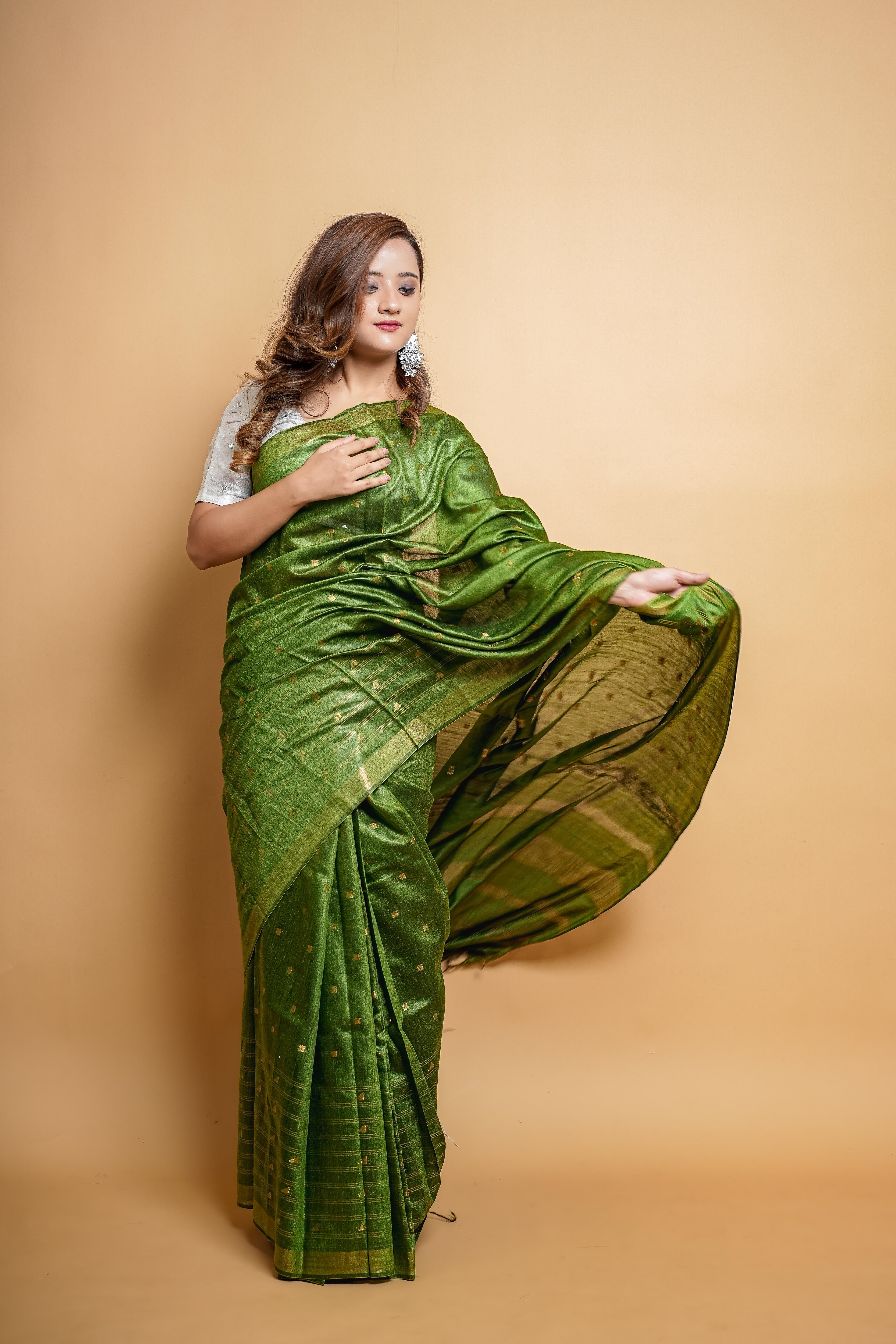 Bengali Handloom Tussar Silk Saree (Green)