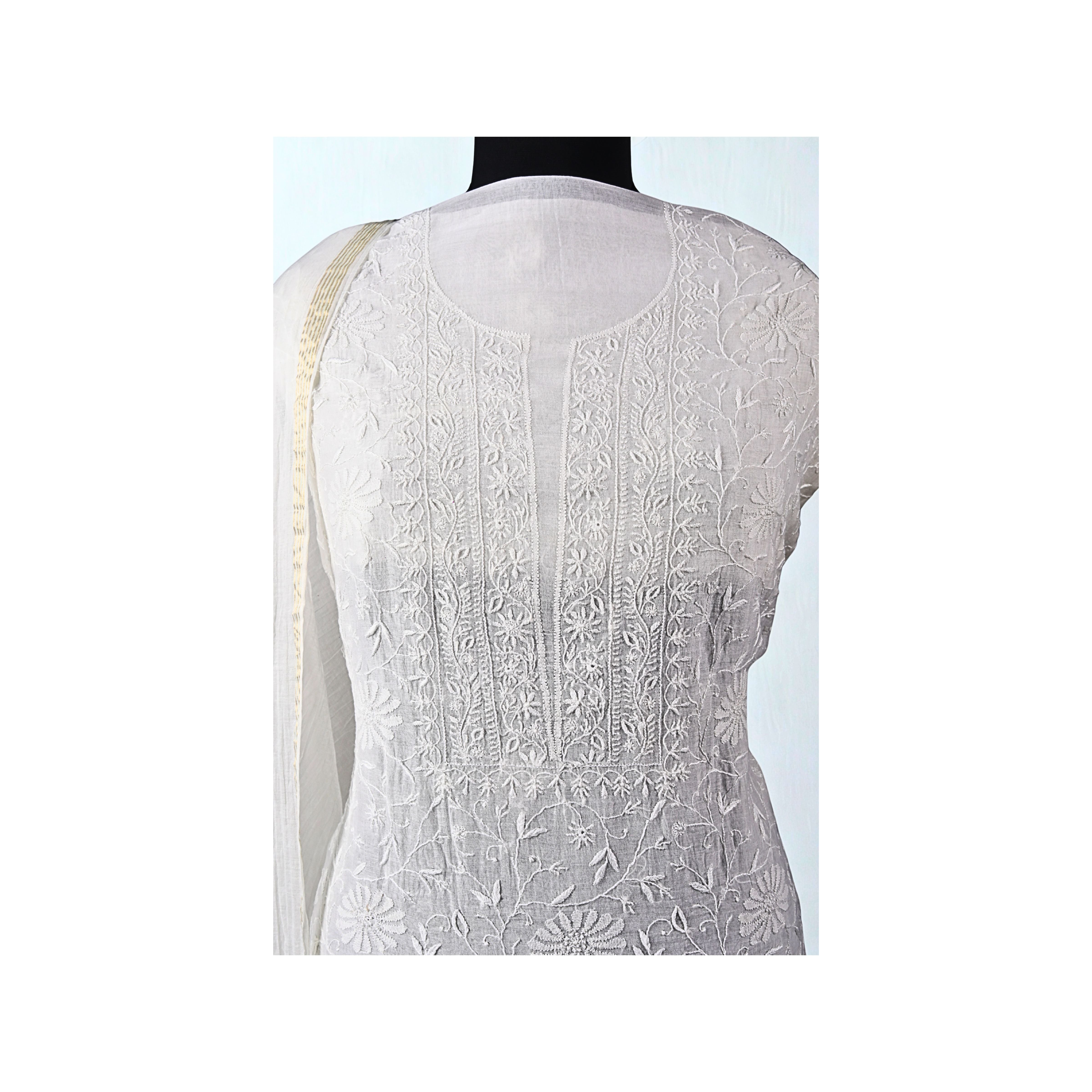 Mul Chanderi Chikankari Suit with Full Jaal Work (3 Piece, Unstitched, Dyeable, Off-White)