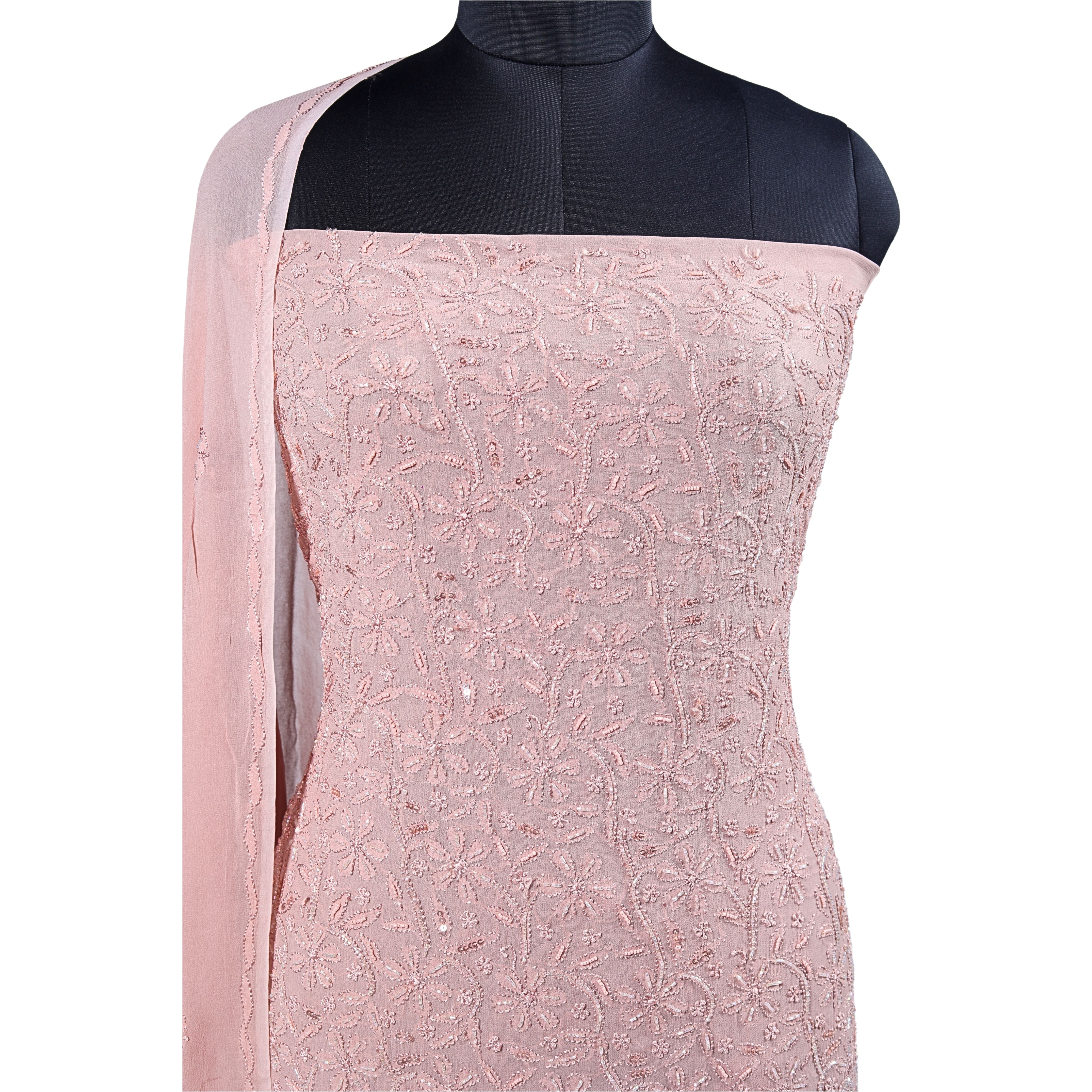 Viscose Georgette Chikankari Suit with Cutdana, Moti & Silk Embroidery Work (4 Piece, Unstitched, Light Skin)