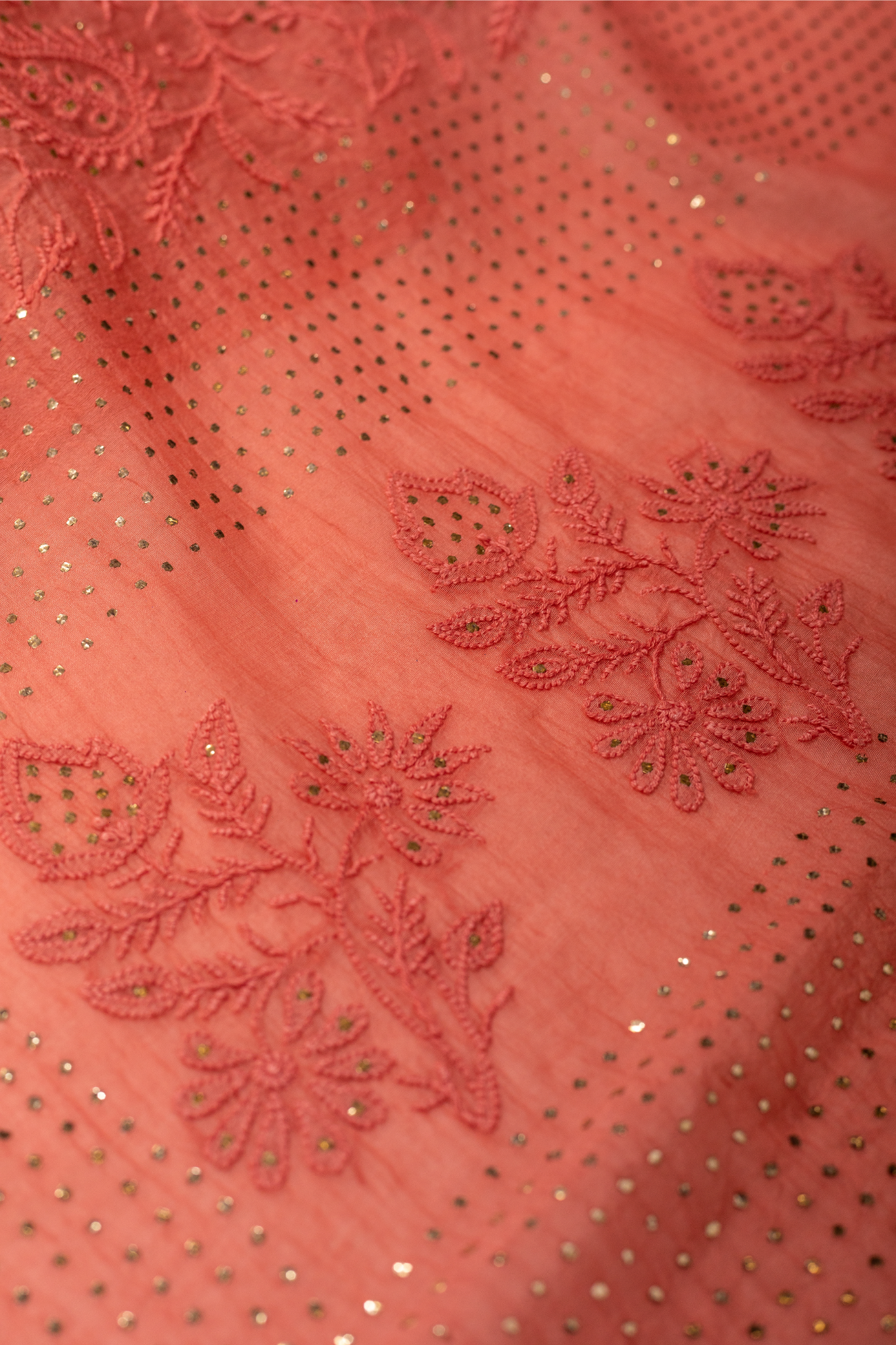 Mul Chanderi Chikankari Saree with Mukaish Work (Brick Red)