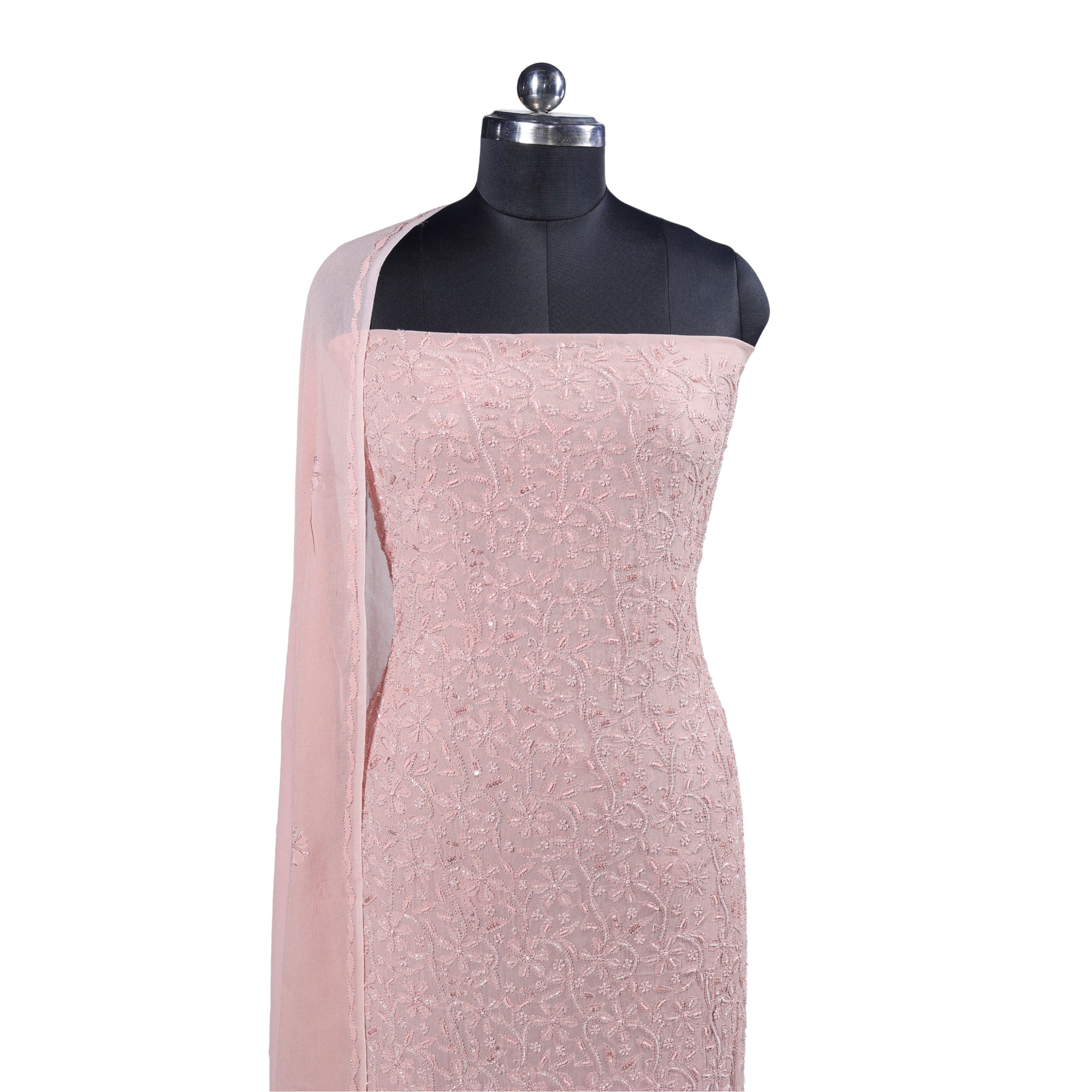 Viscose Georgette Chikankari Suit with Cutdana, Moti & Silk Embroidery Work (4 Piece, Unstitched, Light Skin)