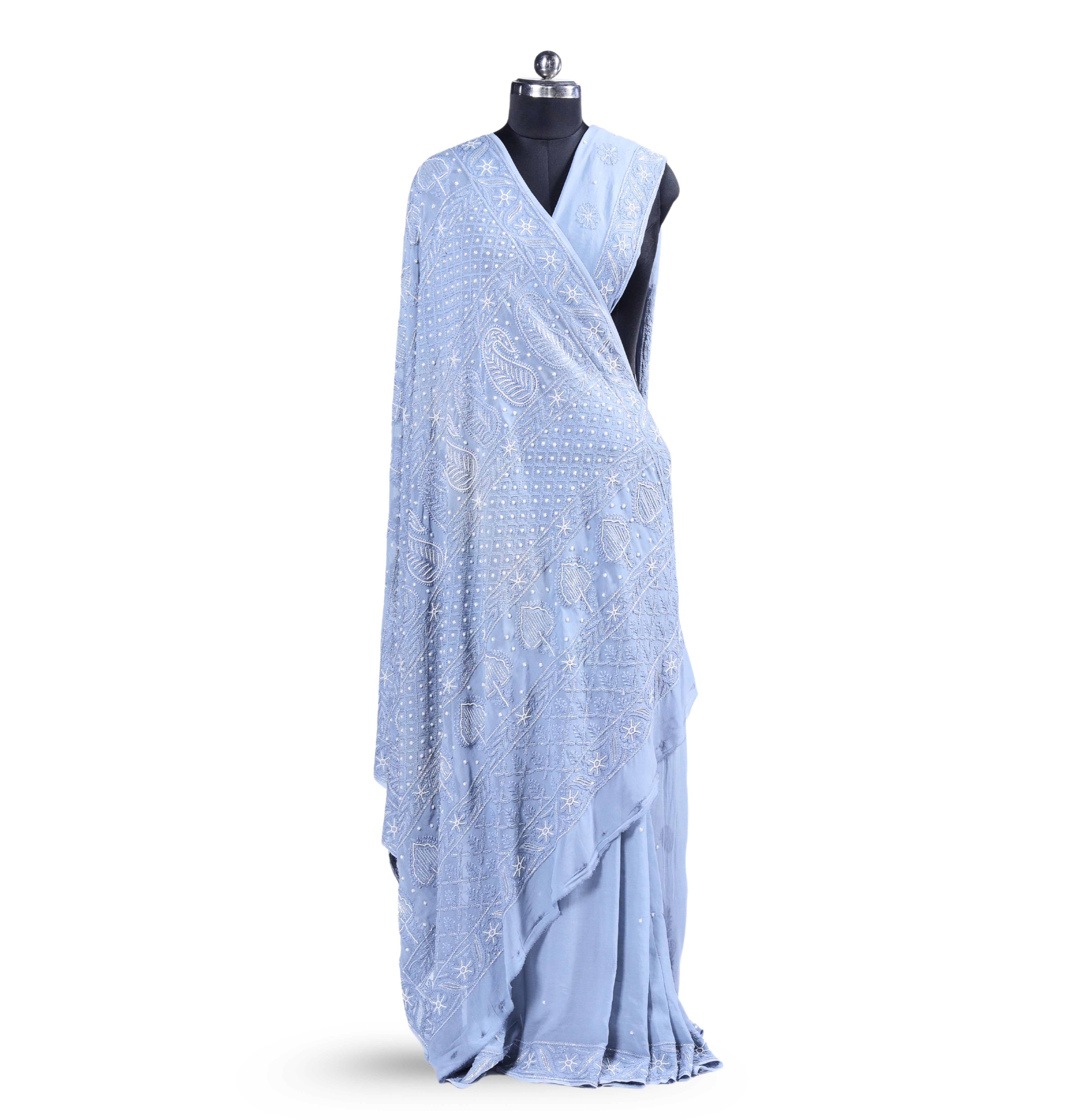 Viscose Georgette Chikankari Saree with Cutdana Moti Work (Light Grey)