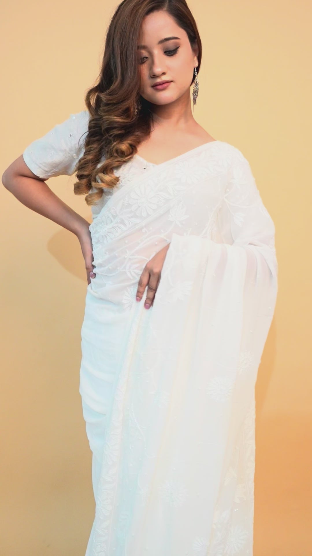 Georgette Chikankari Saree with Cutdana Moti & Shadow Work (Double Border, White)