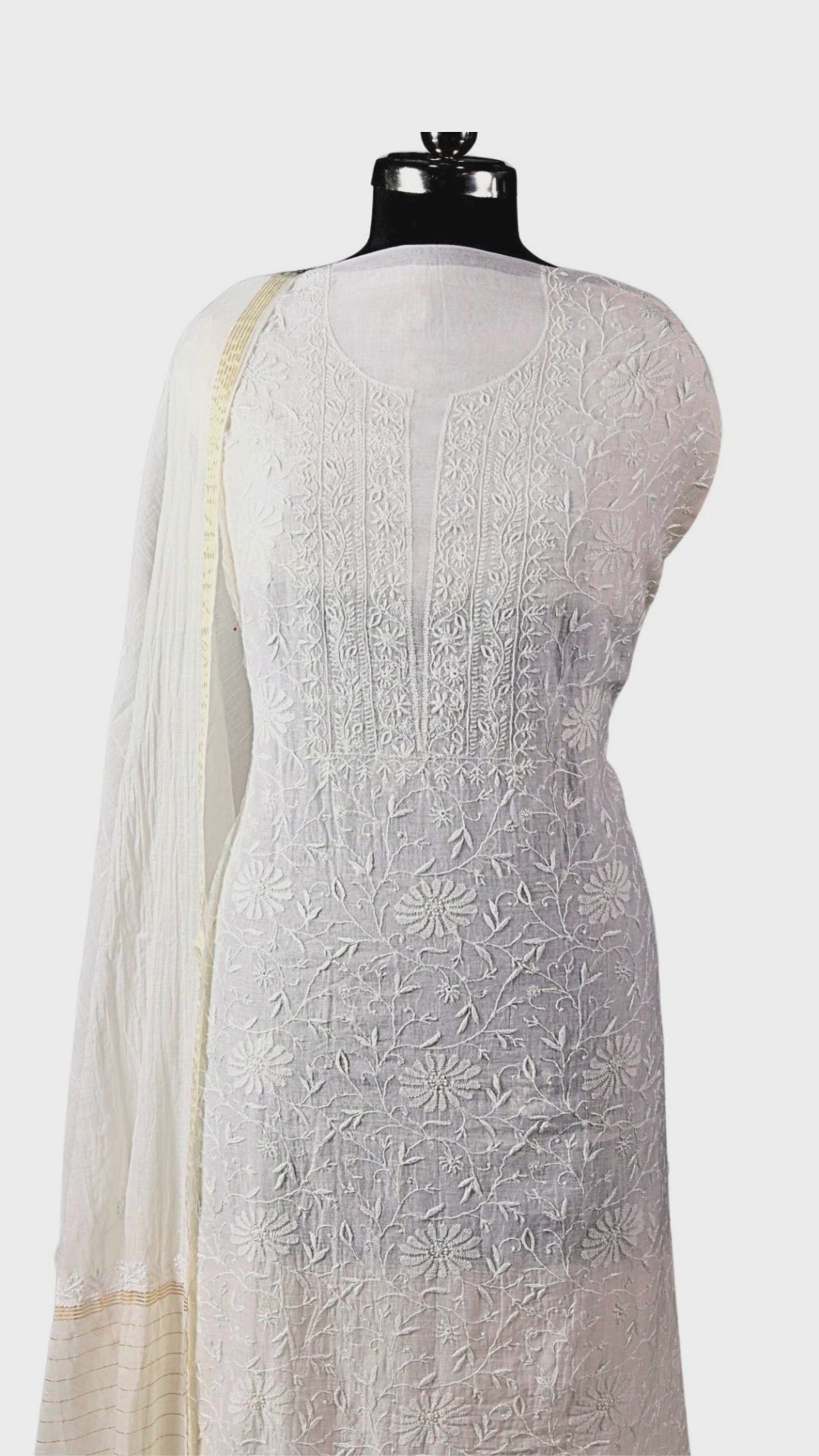 Mul Chanderi Chikankari Suit with Full Jaal Work (3 Piece, Unstitched, Dyeable, Off-White)