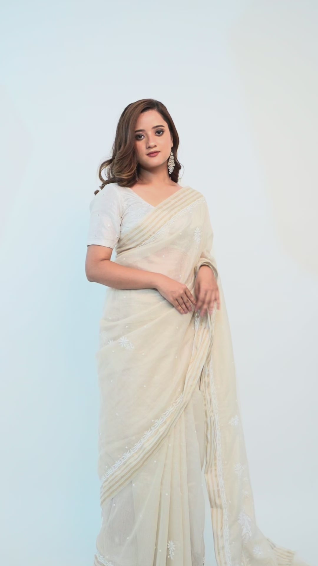 Maheshwari Tissue  Chikankari Saree with Cutdana Moti Work (Beige)